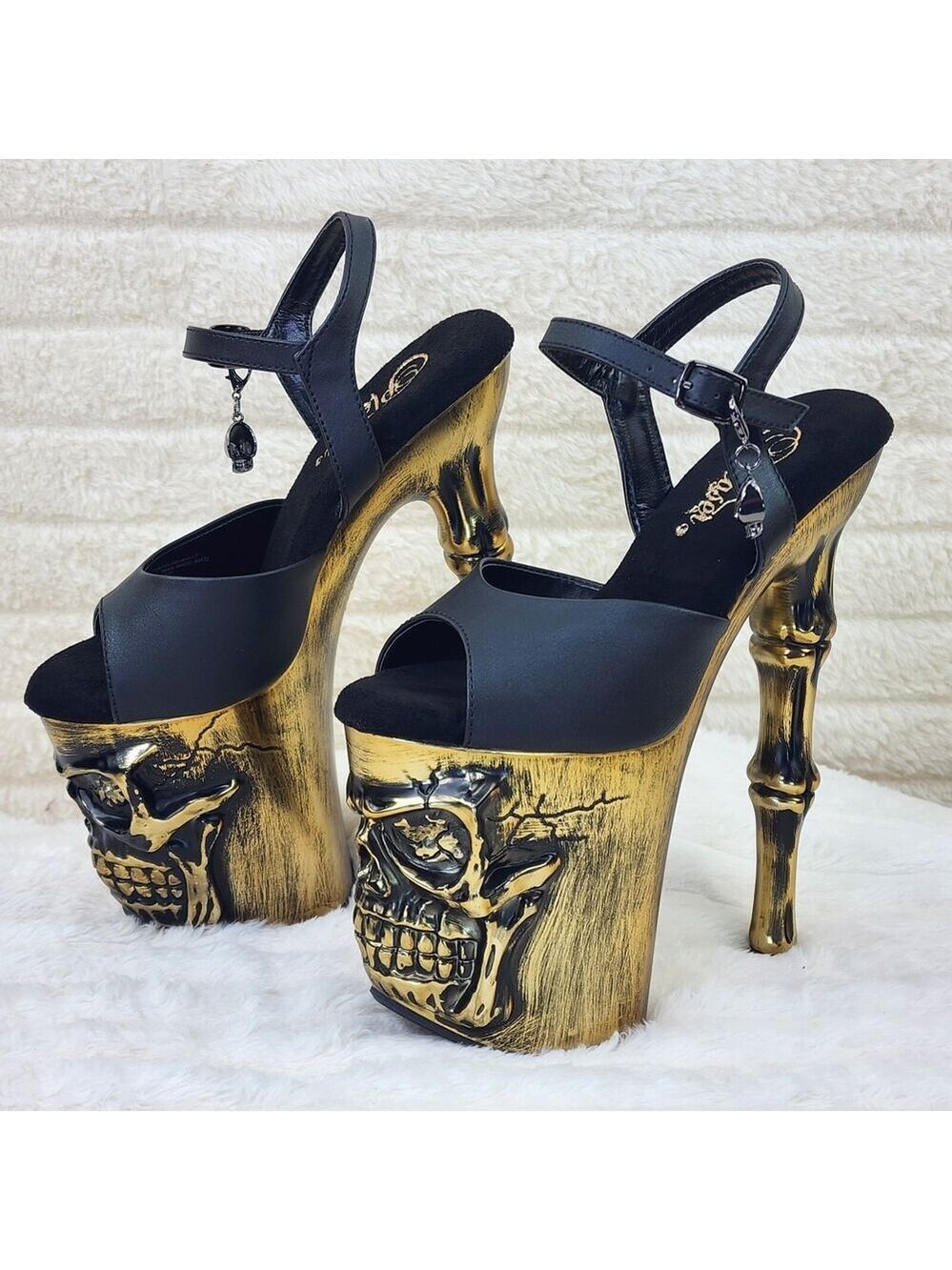 NIB Rapture Black Matte Gold Brass Skull & Bones 8" High Heel Platform Shoes